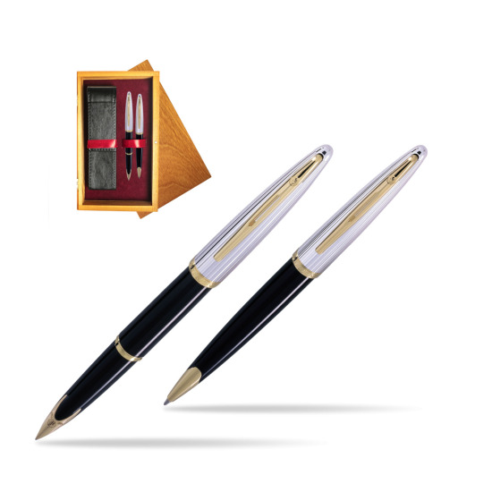 Zestaw prezentowy pióro wieczne + długopis Waterman Carène Deluxe Czarny GT w pudełku drewnianym Honey Double Bordo