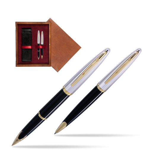 Zestaw prezentowy pióro wieczne + długopis Waterman Carène Deluxe Czarny GT w pudełku drewnianym Mahoń Double Bordo