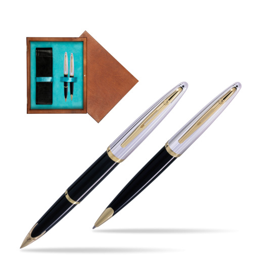 Zestaw prezentowy pióro wieczne + długopis Waterman Carène Deluxe Czarny GT w pudełku drewnianym Mahoń Double Turkus