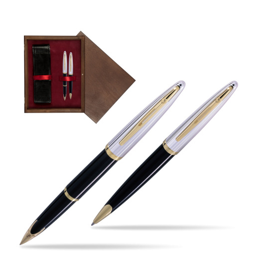 Zestaw prezentowy pióro wieczne + długopis Waterman Carène Deluxe Czarny GT w pudełku drewnianym Wenge Double Bordo