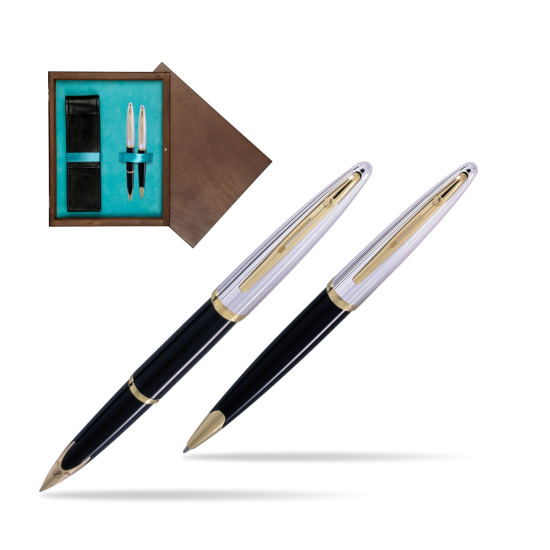 Zestaw prezentowy pióro wieczne + długopis Waterman Carène Deluxe Czarny GT w pudełku drewnianym Wenge Double Turkus