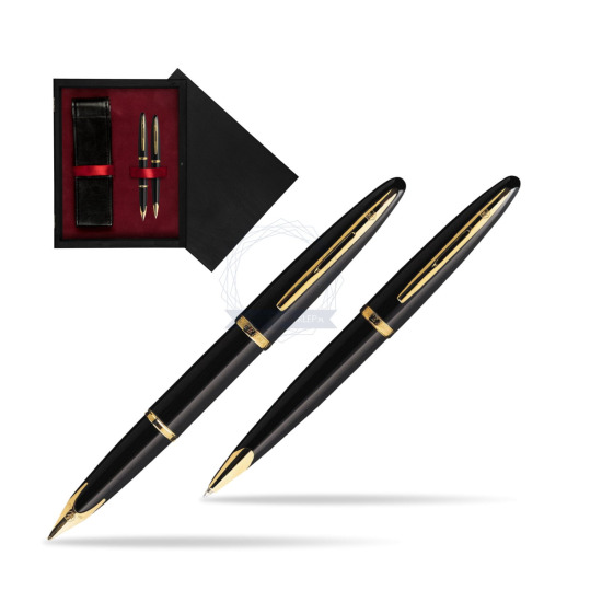 Zestaw prezentowy pióro wieczne + długopis Waterman Carène Morze Czarne GT w pudełku drewnianym Czerń Double Bordo