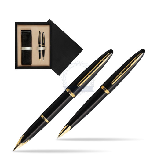 Zestaw prezentowy pióro wieczne + długopis Waterman Carène Morze Czarne GT w pudełku drewnianym Czerń Double Ecru