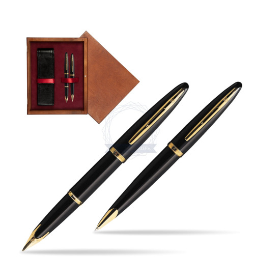 Zestaw prezentowy pióro wieczne + długopis Waterman Carène Morze Czarne GT w pudełku drewnianym Mahoń Double Bordo