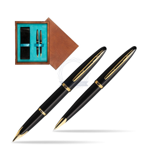 Zestaw prezentowy pióro wieczne + długopis Waterman Carène Morze Czarne GT w pudełku drewnianym Mahoń Double Turkus