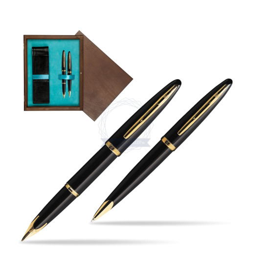 Zestaw prezentowy pióro wieczne + długopis Waterman Carène Morze Czarne GT w pudełku drewnianym Wenge Double Turkus
