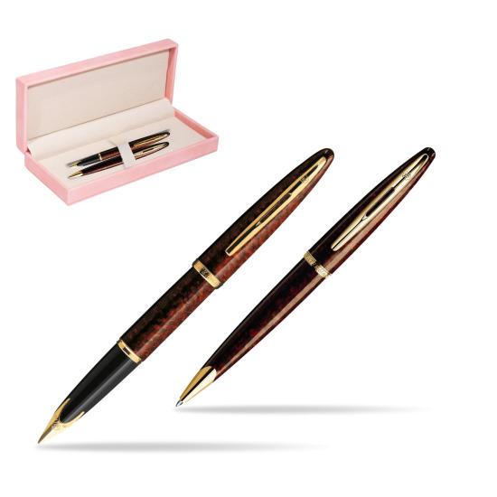 Zestaw prezentowy pióro wieczne + długopis Waterman Carène Morski Bursztyn GT w różowym pudełku zamszowym