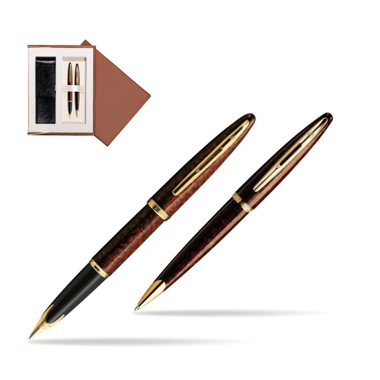 Zestaw prezentowy pióro wieczne + długopis Waterman Carène Morski Bursztyn GT w brązowym pudełku zamszowym