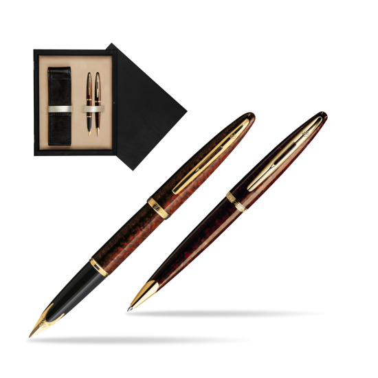 Zestaw prezentowy pióro wieczne + długopis Waterman Carène Morski Bursztyn GT w pudełku drewnianym Czerń Double Ecru