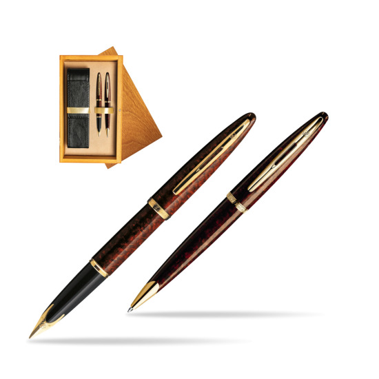 Zestaw prezentowy pióro wieczne + długopis Waterman Carène Morski Bursztyn GT w pudełku drewnianym Honey Double Ecru