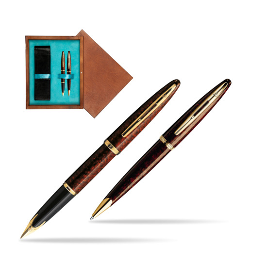 Zestaw prezentowy pióro wieczne + długopis Waterman Carène Morski Bursztyn GT w pudełku drewnianym Mahoń Double Turkus