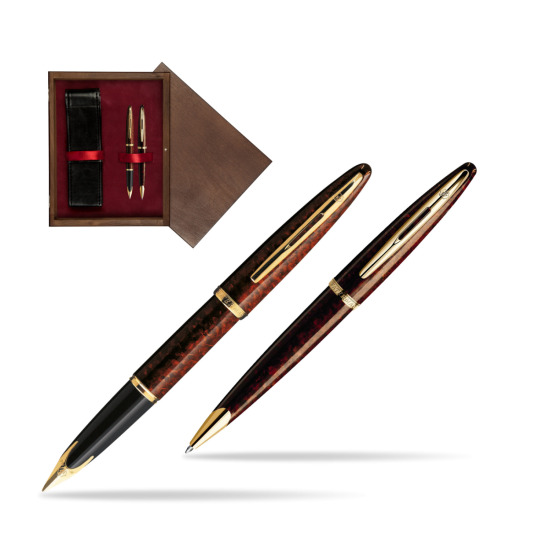 Zestaw prezentowy pióro wieczne + długopis Waterman Carène Morski Bursztyn GT w pudełku drewnianym Wenge Double Bordo