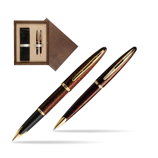 Zestaw prezentowy pióro wieczne + długopis Waterman Carène Morski Bursztyn GT w pudełku drewnianym Wenge Double Ecru