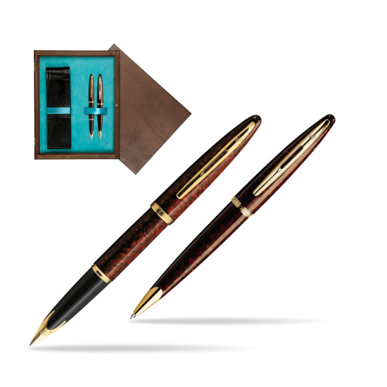 Zestaw prezentowy pióro wieczne + długopis Waterman Carène Morski Bursztyn GT w pudełku drewnianym Wenge Double Turkus