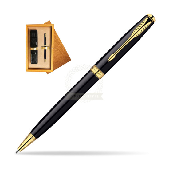 Długopis Parker Sonnet Original Laka Głęboka Czerń GT w pudełku drewnianym Honey Single Ecru