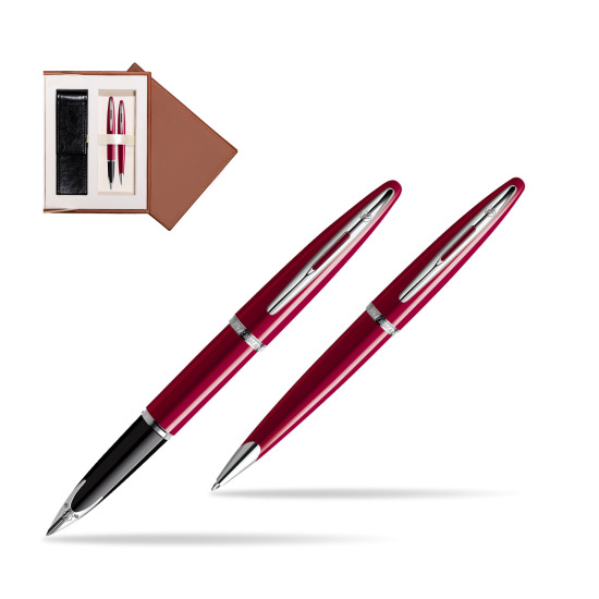 Zestaw prezentowy pióro wieczne + długopis Waterman Carène Lśniąca Czerwień CT w brązowym pudełku zamszowym