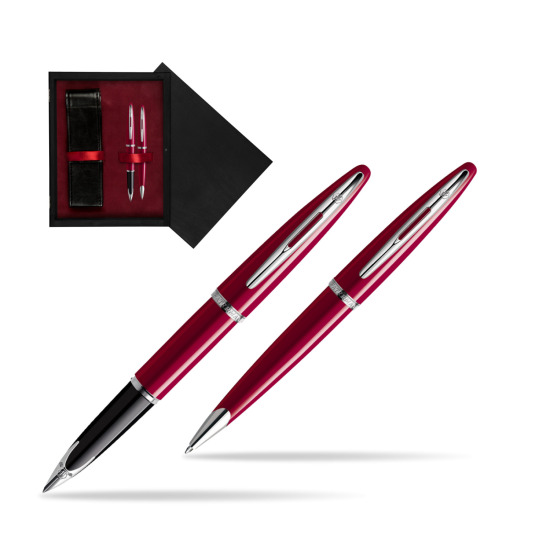 Zestaw prezentowy pióro wieczne + długopis Waterman Carène Lśniąca Czerwień CT w pudełku drewnianym Czerń Double Bordo