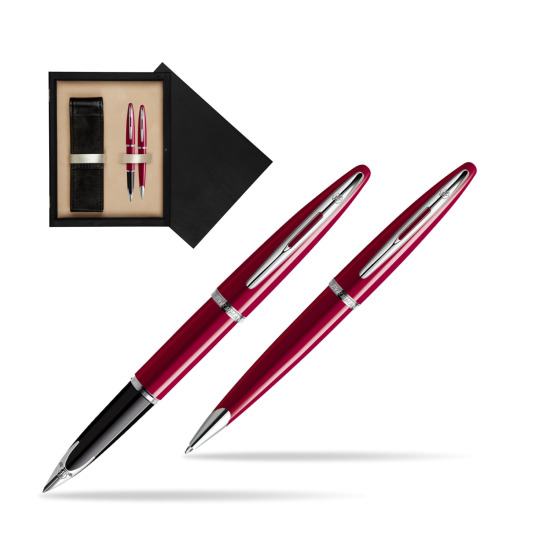 Zestaw prezentowy pióro wieczne + długopis Waterman Carène Lśniąca Czerwień CT w pudełku drewnianym Czerń Double Ecru