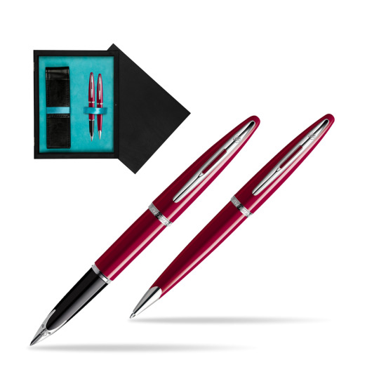 Zestaw prezentowy pióro wieczne + długopis Waterman Carène Lśniąca Czerwień CT w pudełku drewnianym Czerń Double Turkus