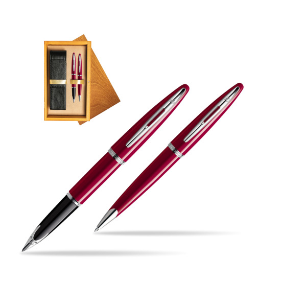 Zestaw prezentowy pióro wieczne + długopis Waterman Carène Lśniąca Czerwień CT w pudełku drewnianym Honey Double Ecru