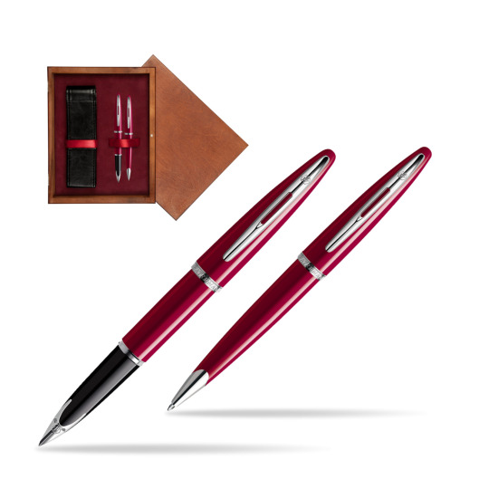 Zestaw prezentowy pióro wieczne + długopis Waterman Carène Lśniąca Czerwień CT w pudełku drewnianym Mahoń Double Bordo