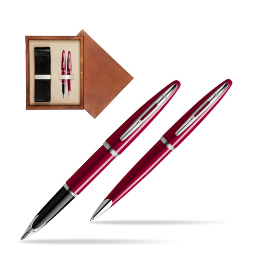 Zestaw prezentowy pióro wieczne + długopis Waterman Carène Lśniąca Czerwień CT w pudełku drewnianym Mahoń Double Ecru