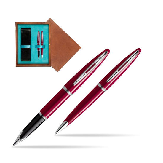 Zestaw prezentowy pióro wieczne + długopis Waterman Carène Lśniąca Czerwień CT w pudełku drewnianym Mahoń Double Turkus