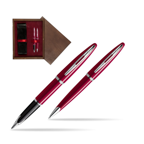 Zestaw prezentowy pióro wieczne + długopis Waterman Carène Lśniąca Czerwień CT w pudełku drewnianym Wenge Double Bordo