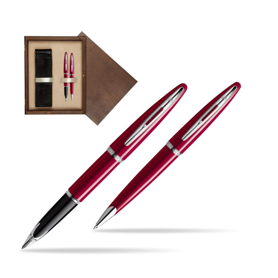 Zestaw prezentowy pióro wieczne + długopis Waterman Carène Lśniąca Czerwień CT w pudełku drewnianym Wenge Double Ecru