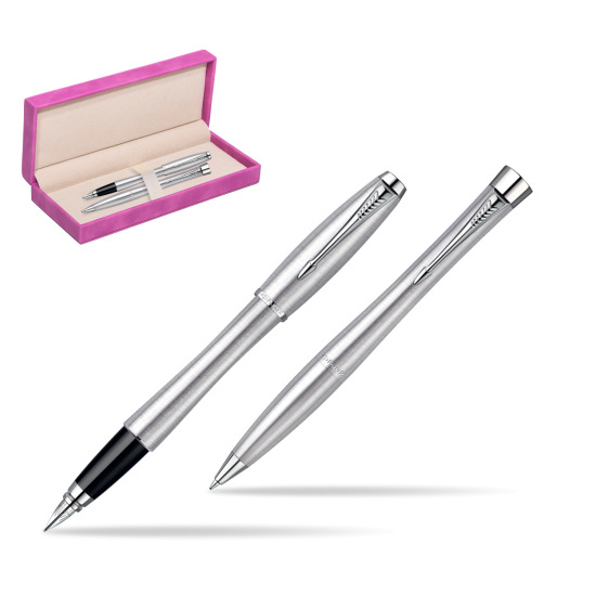 Zestaw prezentowy pióro + długopis Parker Urban Classic Stalowy CT w pudełku zamszowym fuksja