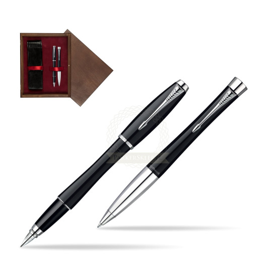 Zestaw prezentowy Parker Pióro + Długopis Urban Czarna laka CT w pudełku drewnianym Wenge Double Bordo