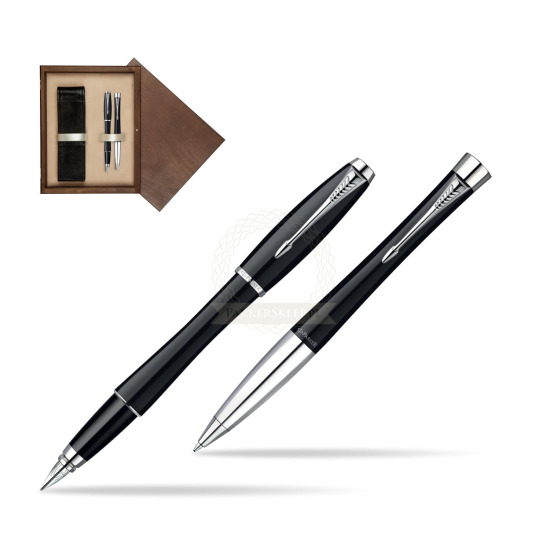 Zestaw prezentowy Parker Pióro + Długopis Urban Czarna laka CT w pudełku drewnianym Wenge Double Ecru