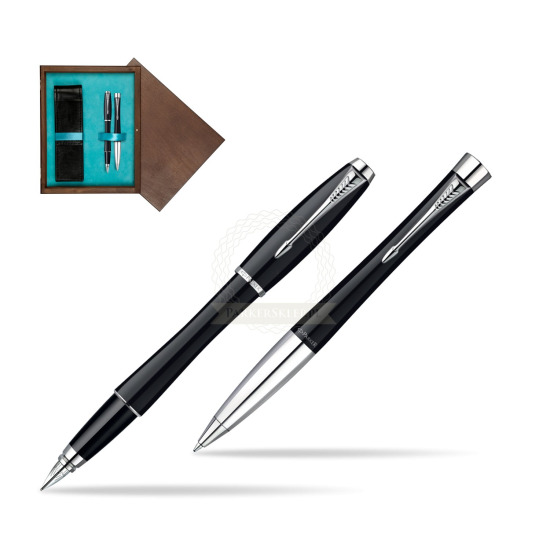Zestaw prezentowy Parker Pióro + Długopis Urban Czarna laka CT w pudełku drewnianym Wenge Double Turkus