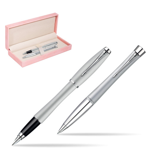 Zestaw prezentowy Parker pióro + długopis Urban Fashion Fast Track Silver CT w różowym pudełku zamszowym