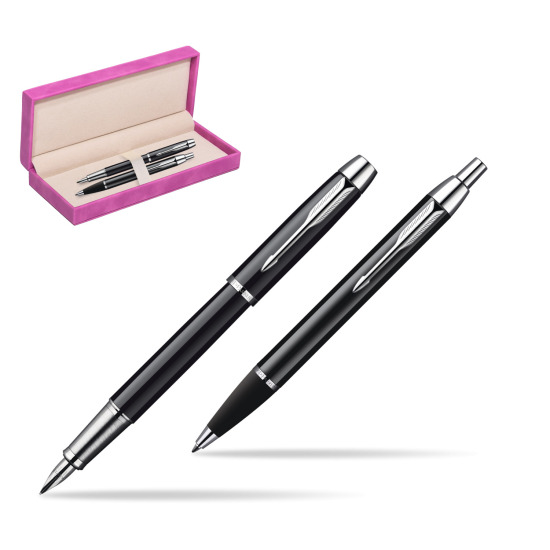 Zestaw prezentowy Parker pióro + długopis IM Czarny CT w pudełku zamszowym fuksja