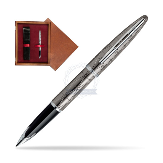 Pióro wieczne Waterman Carène  Contemporary Gun Metal ST w pudełku drewnianym Mahoń Single Bordo