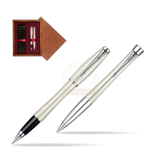 Zestaw prezentowy Parker Pióro + Długopis Parker Urban Premium Metaliczny Perłowy w pudełku drewnianym Mahoń Double Bordo