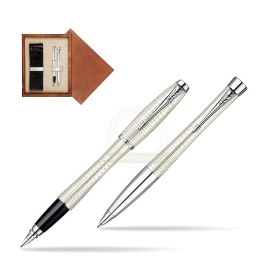 Zestaw prezentowy Parker Pióro + Długopis Parker Urban Premium Metaliczny Perłowy w pudełku drewnianym Mahoń Double Ecru