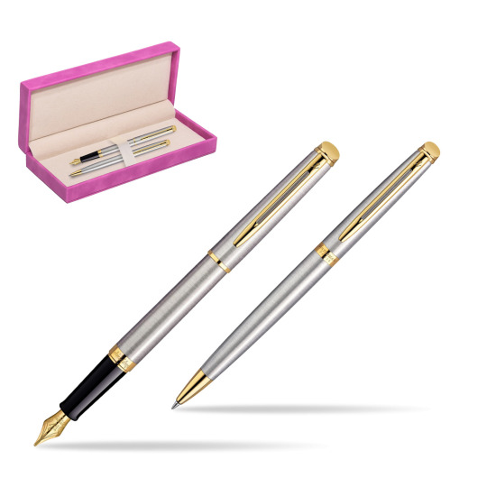 Zestaw prezentowy pióro wieczne + długopis Waterman Hémisphère Stalowa GT w pudełku zamszowym fuksja