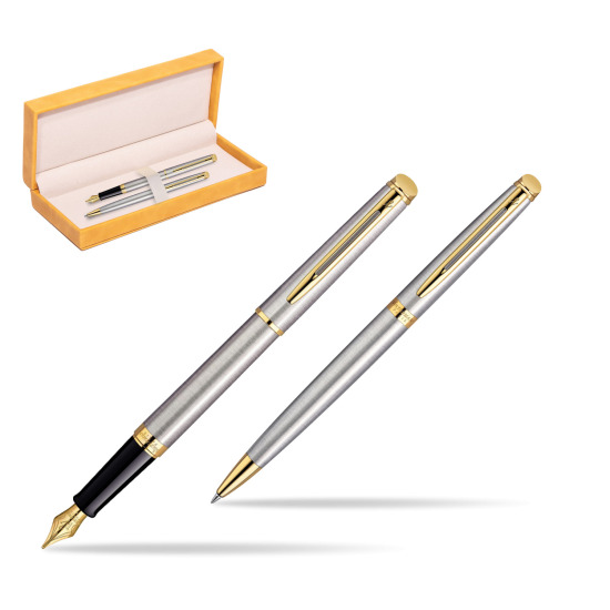 Zestaw prezentowy pióro wieczne + długopis Waterman Hémisphère Stalowa GT w żółtym pudełku zamszowym