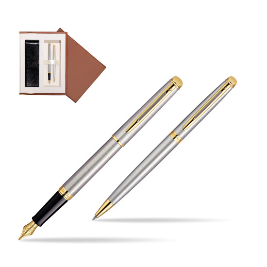 Zestaw prezentowy pióro wieczne + długopis Waterman Hémisphère Stalowa GT w brązowym pudełku zamszowym