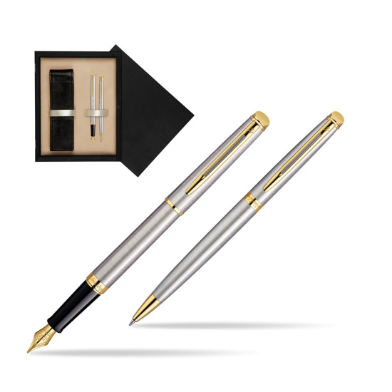 Zestaw prezentowy pióro wieczne + długopis Waterman Hémisphère Stalowa GT w pudełku drewnianym Czerń Double Ecru