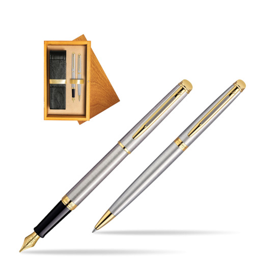 Zestaw prezentowy pióro wieczne + długopis Waterman Hémisphère Stalowa GT w pudełku drewnianym Honey Double Ecru
