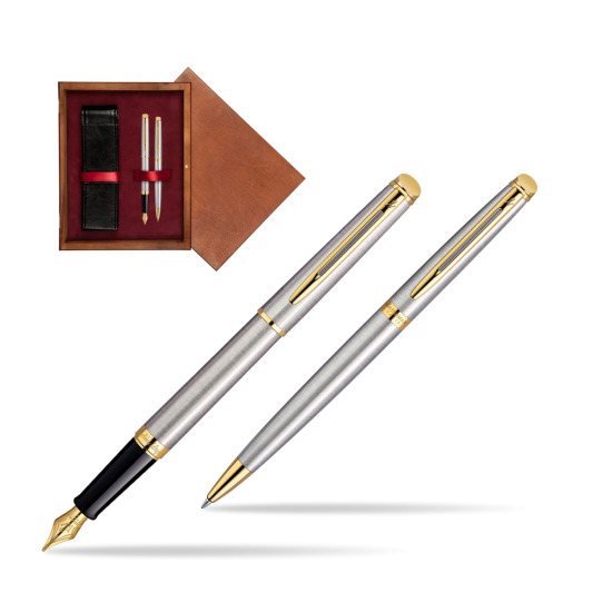 Zestaw prezentowy pióro wieczne + długopis Waterman Hémisphère Stalowa GT w pudełku drewnianym Mahoń Double Bordo