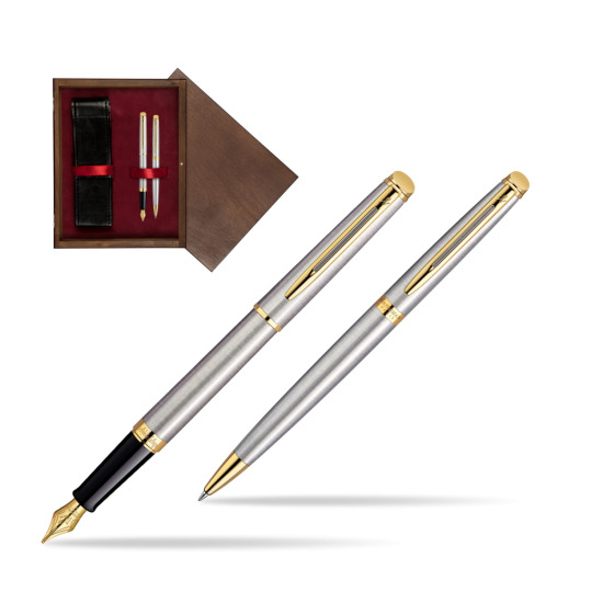 Zestaw prezentowy pióro wieczne + długopis Waterman Hémisphère Stalowa GT w pudełku drewnianym Wenge Double Bordo