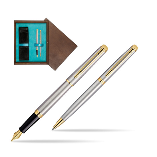 Zestaw prezentowy pióro wieczne + długopis Waterman Hémisphère Stalowa GT w pudełku drewnianym Wenge Double Turkus
