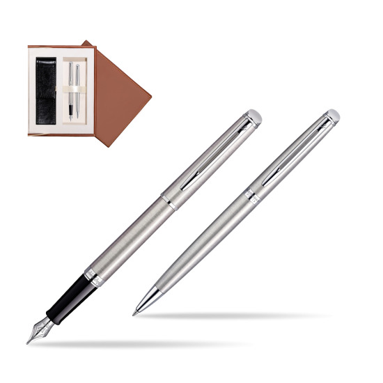 Zestaw prezentowy pióro wieczne + długopis Waterman Hémisphère Stalowa CT w brązowym pudełku zamszowym
