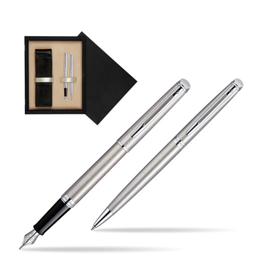 Zestaw prezentowy pióro wieczne + długopis Waterman Hémisphère Stalowa CT w pudełku drewnianym Czerń Double Ecru