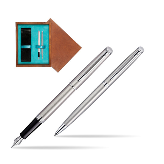 Zestaw prezentowy pióro wieczne + długopis Waterman Hémisphère Stalowa CT w pudełku drewnianym Mahoń Double Turkus