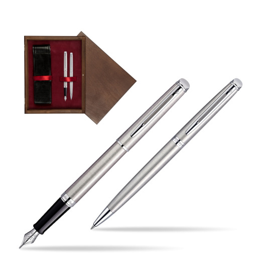 Zestaw prezentowy pióro wieczne + długopis Waterman Hémisphère Stalowa CT w pudełku drewnianym Wenge Double Bordo